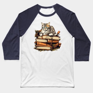 Bookish cat sleeping on books - Kitten lady & librarian gift Baseball T-Shirt